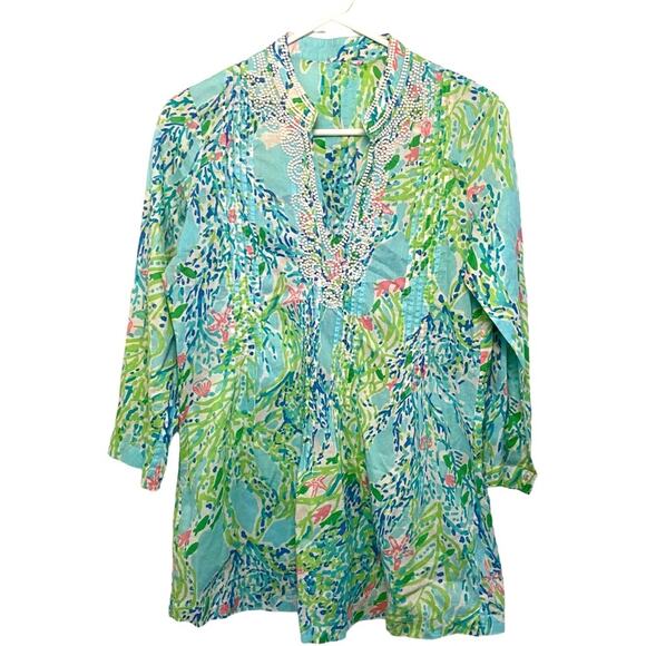 Lilly Pulitzer blue heaven Sarasota beaded tunic top S preppy beaded EUC - Picture 1 of 7